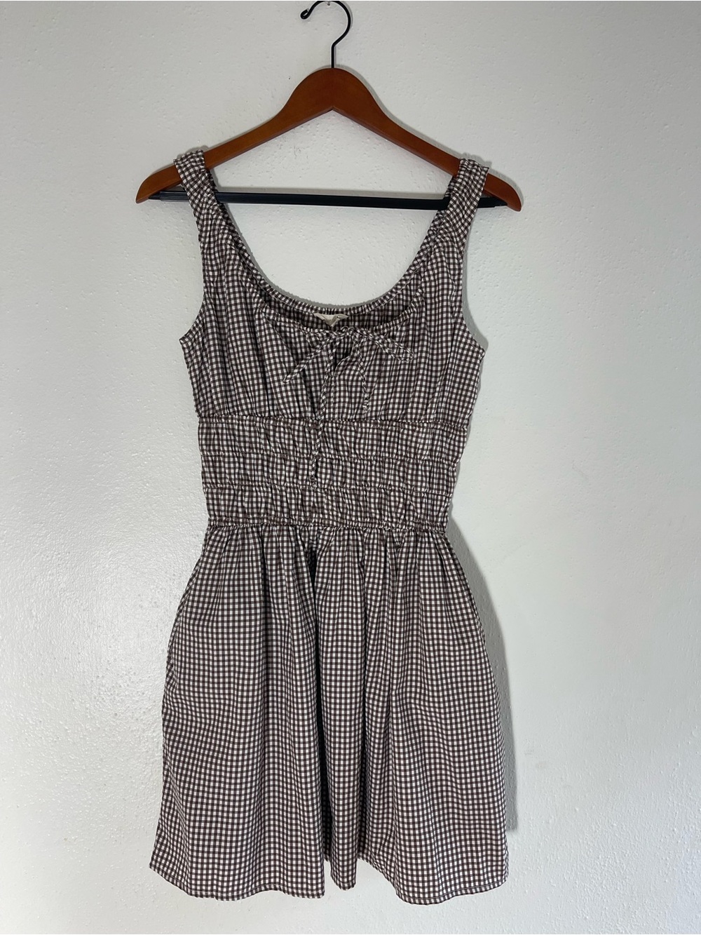 Smocked Gingham Mini Dress in Brown and White